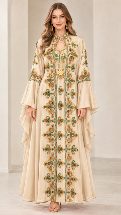 Champagne beige embroidered kaftan maxi dress front view