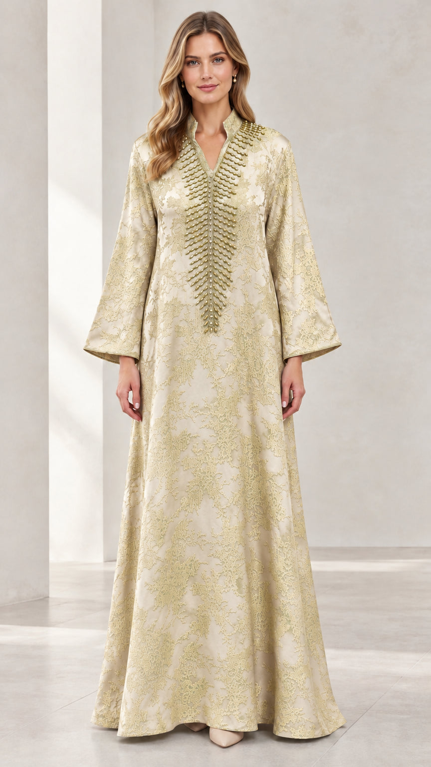 Champagne gold metallic jacquard beaded neckline kaftan maxi dress