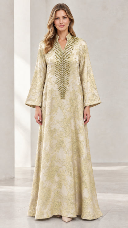 Champagne gold metallic jacquard beaded neckline kaftan maxi dress