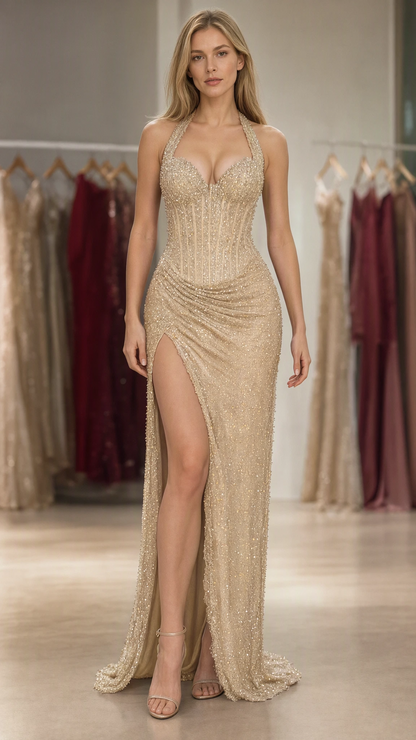 Model wearing Champagne Gold sparkling halter corset formal gown