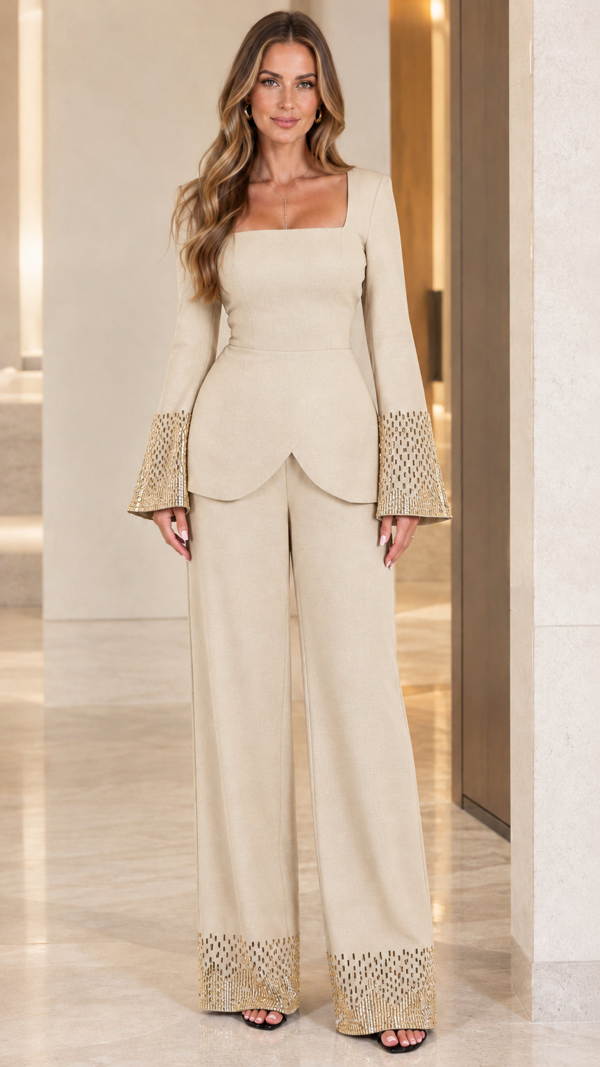 Beige champagne formal two-piece pant set with delicate beading