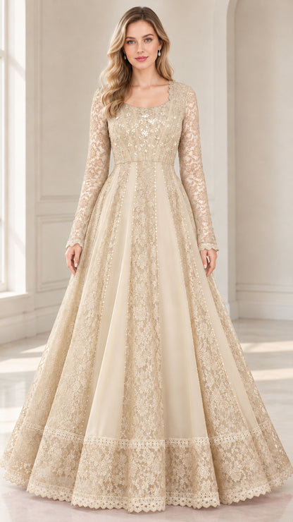 Champagne beige long sleeve lace formal evening gown front view