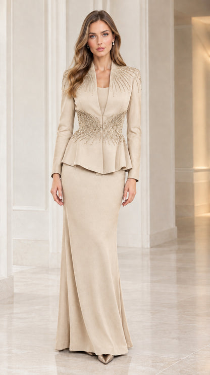 Front view of model in champagne beige beaded peplum jacket and skirt set