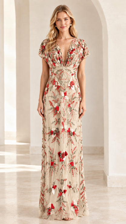 Front view of champagne gold floral embellished occasion dress