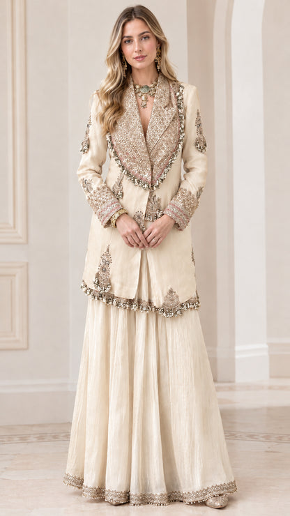 Champagne cream embellished longline blazer and sharara two piece set