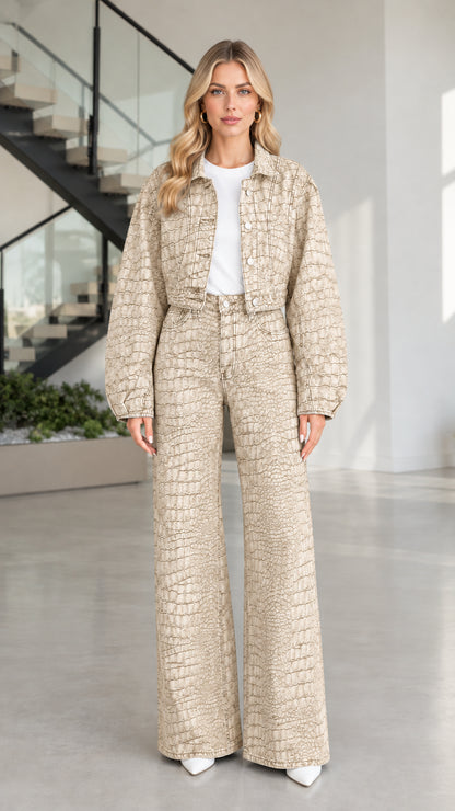Full front view of model wearing Beige cream croc-textured denim jacket and wide-leg trousers