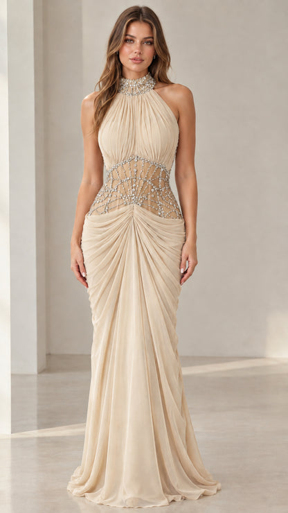 Front view of champagne beige halter neck beaded illusion evening gown