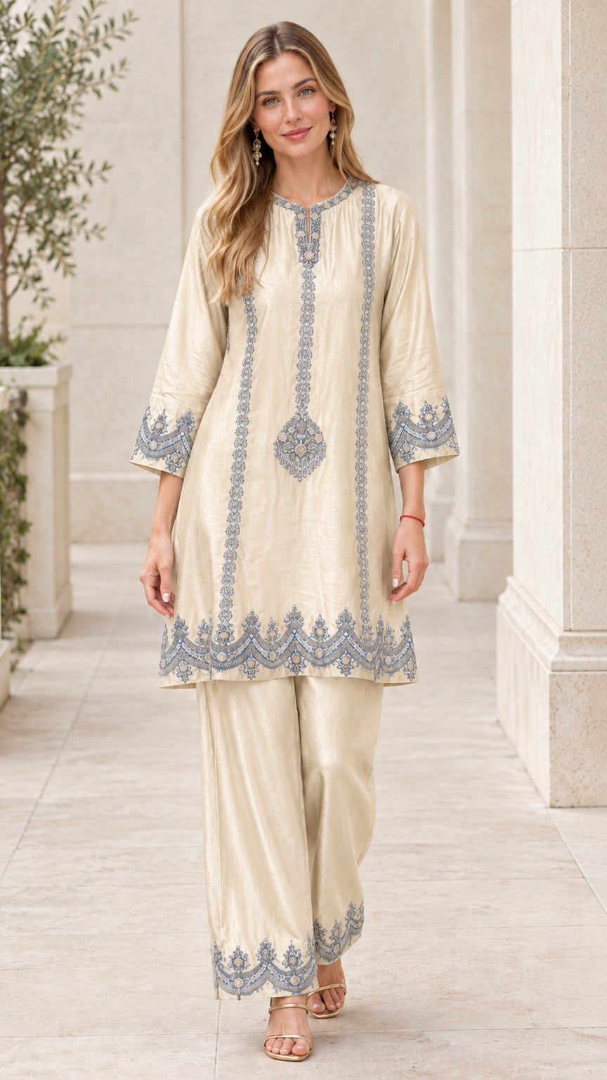 Front full-length view of champagne beige embroidered tunic and trousers set