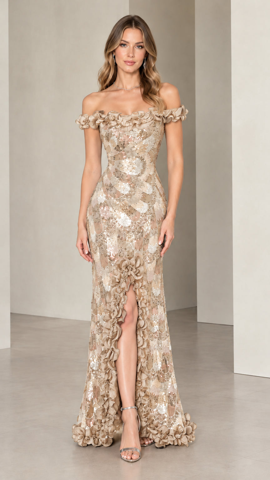 Champagne gold sparkling sequin maxi gown with floral trim