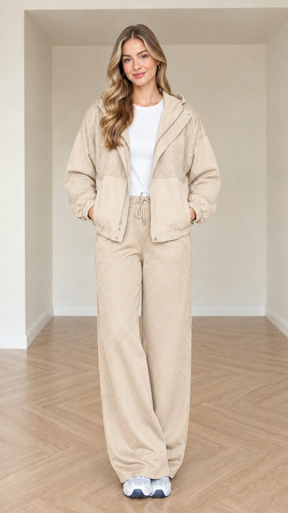 Model wearing beige women's casual two-piece tracksuit set with hood