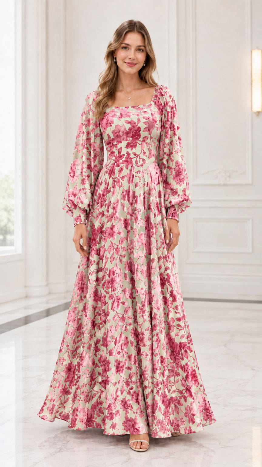 Blush cream floral long sleeve square neck maxi dress