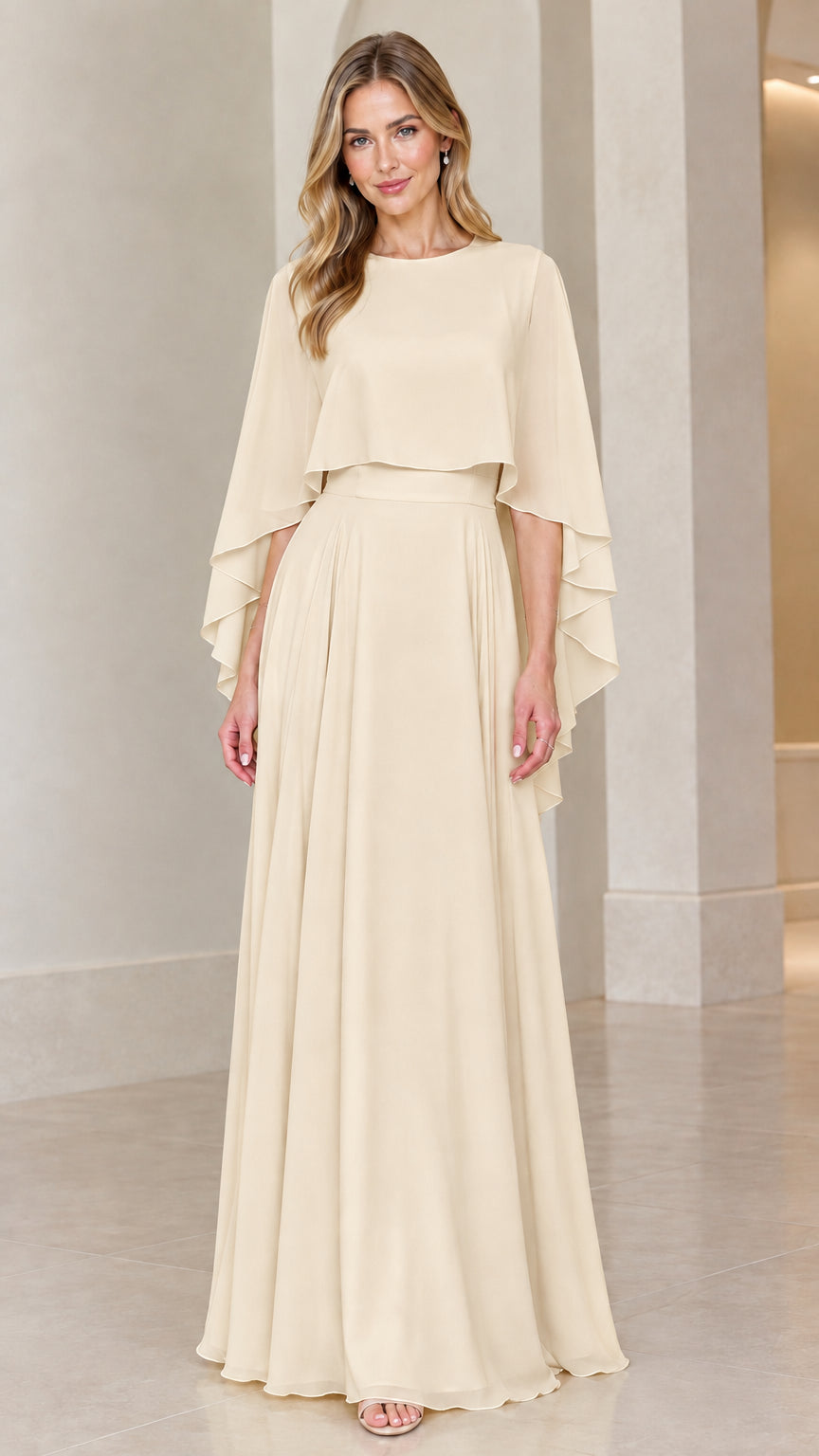 Front view of model wearing champagne beige chiffon capelet evening maxi dress
