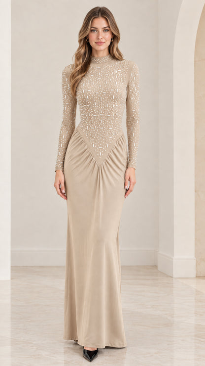 Front view of champagne beige rhinestone long sleeve formal maxi dress