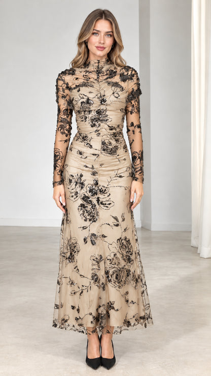 Champagne gold floral sequin embroidered long sleeve evening dress
