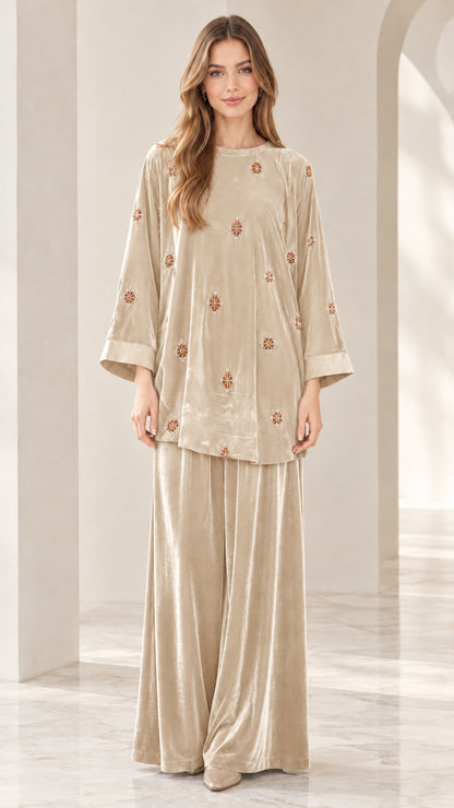 Front view of model wearing champagne beige embroidered velvet two piece set